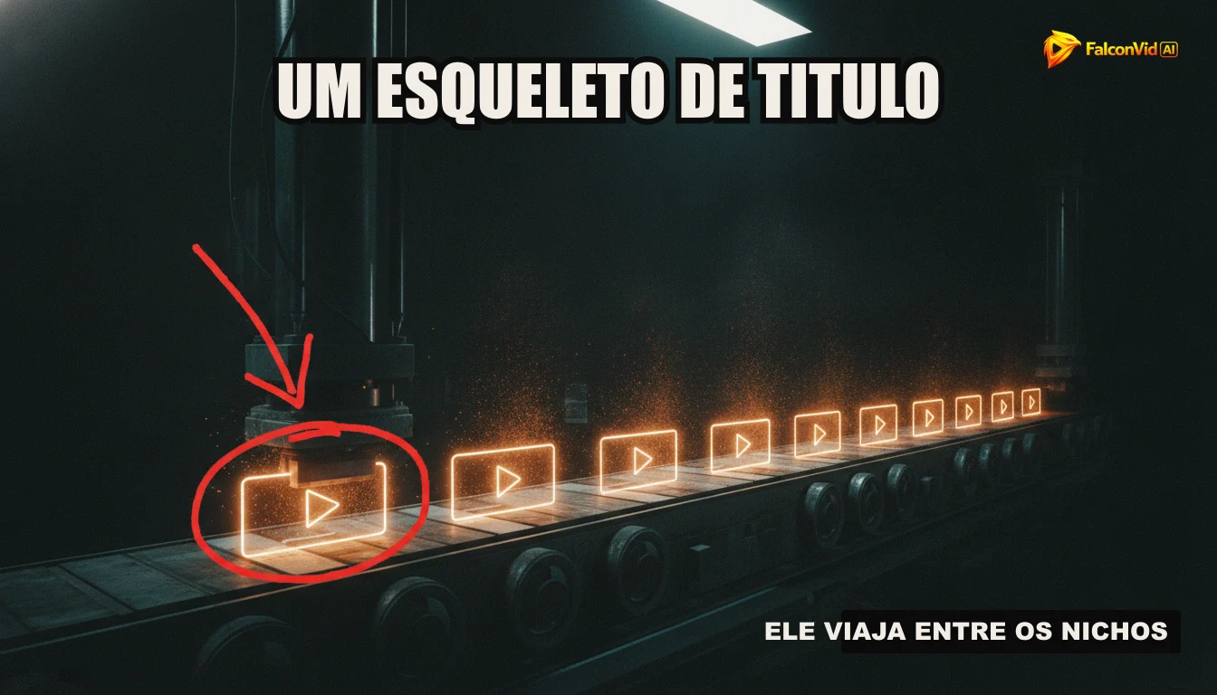 Uma ilustração de uma linha de montagem robótica produzindo vídeos de forma contínua, simbolizando a automação e a cadência de conteúdo do FalconVid.