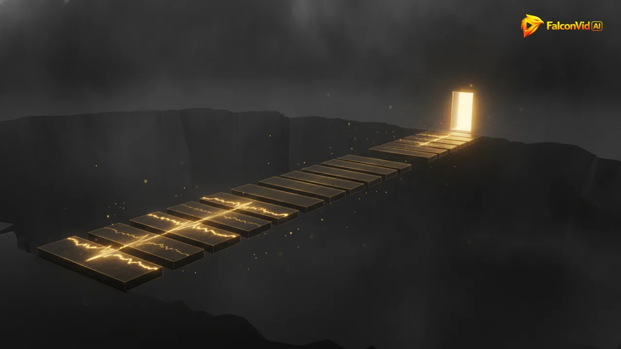 A narrow golden bridge whose first plank is a sound wave while the next six planks are missing.