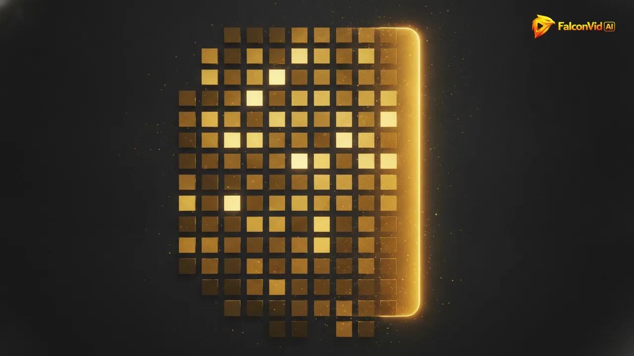 A dense grid of about ninety small golden rectangles that merge on the right side into a single continuous glowing golden bar.