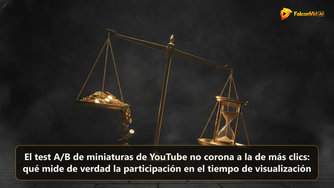 Una balanza dorada en la que el plato con un reloj de arena pesa más que el plato lleno de círculos con forma de clic.