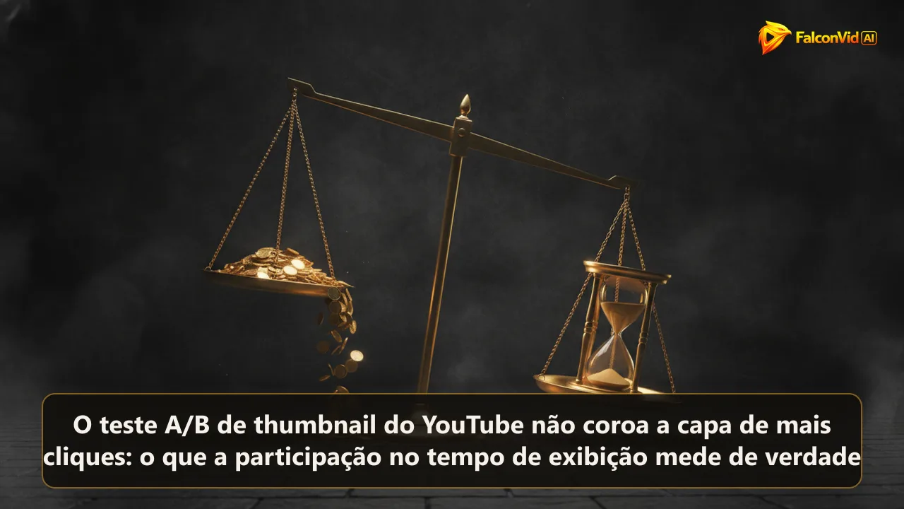Uma balança dourada em que o prato com uma ampulheta pesa mais que o prato cheio de círculos em forma de clique.