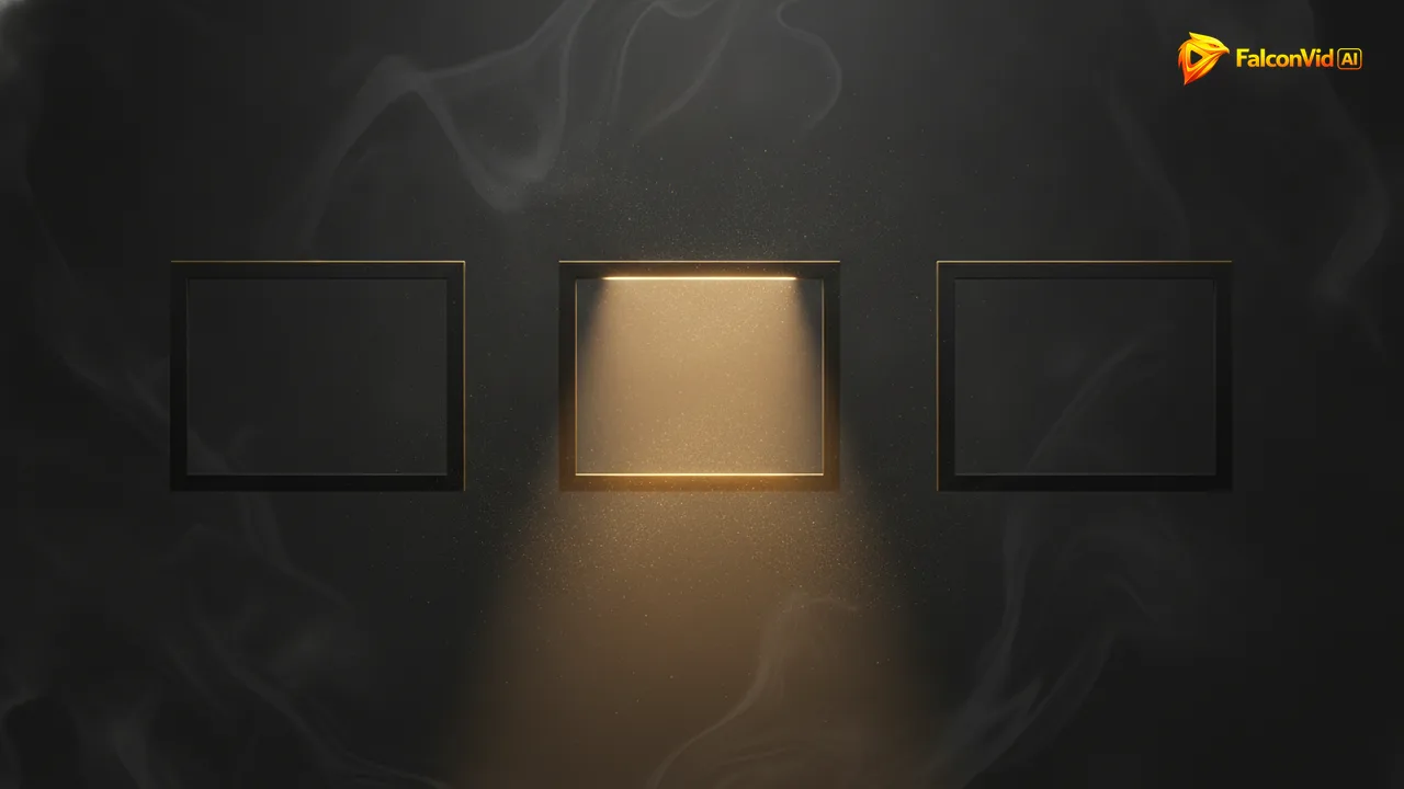 Three identical empty frames floating in the dark with only the middle one lit in gold.