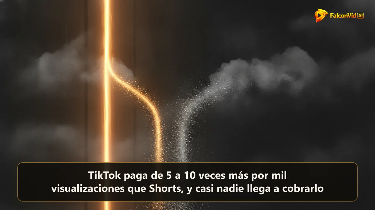 Ilustración editorial oscura con un cuadro de video vertical junto a un flujo de visualizaciones que se divide en un camino pagado delgado y otro no pagado ancho