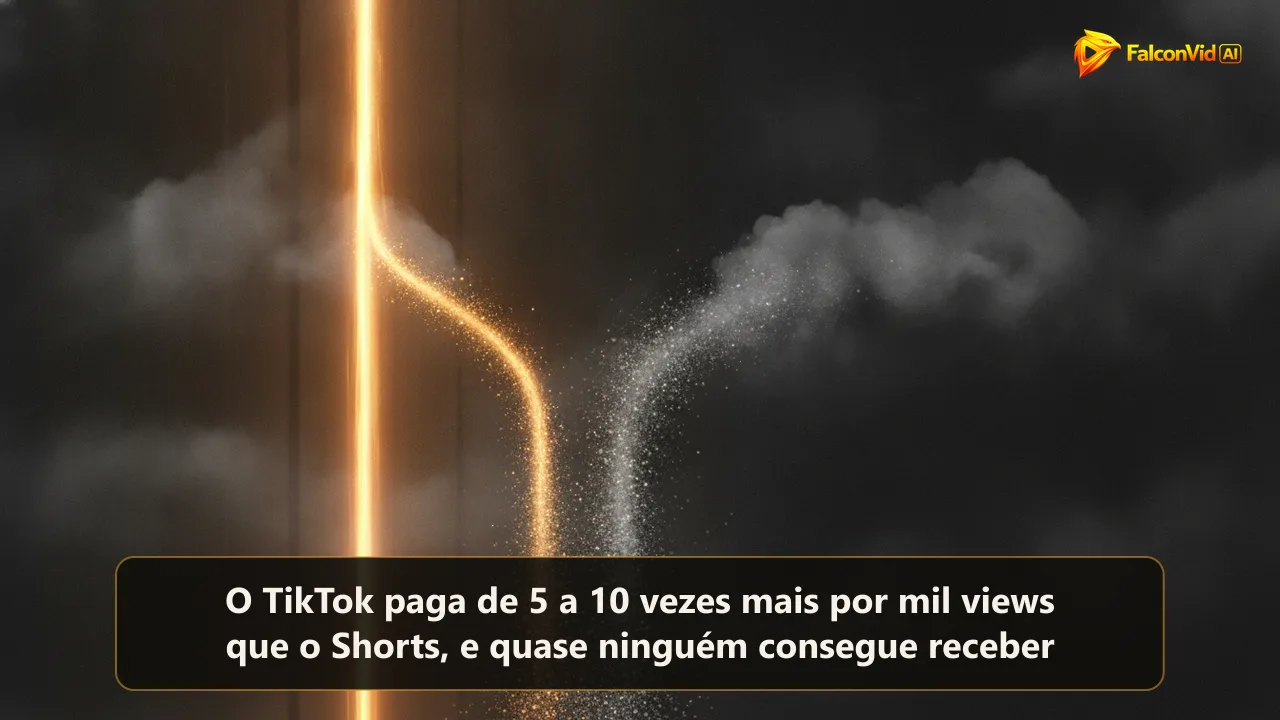 Ilustração editorial escura com um quadro de vídeo vertical ao lado de um fluxo de views que se divide em um caminho pago fino e outro não pago largo