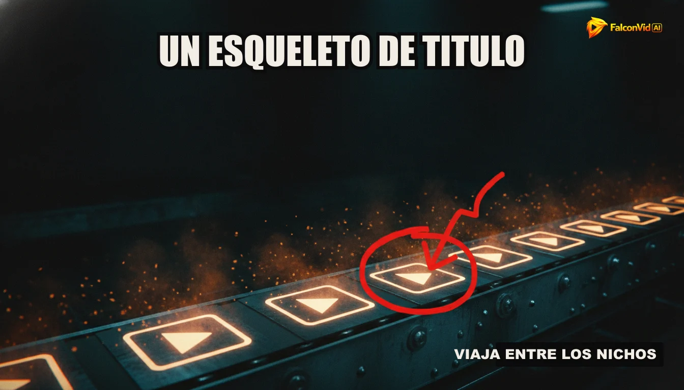 Una ilustración de una cinta transportadora que automatiza la creación de contenido, con elementos como guiones, voces en off y videos terminados, representando la eficiencia de FalconVid.