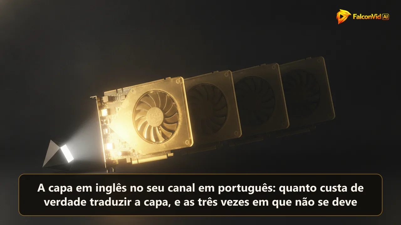 Três cartões de vídeo dourados iguais em fila, o primeiro nítido e legível, o segundo e o terceiro apagados e opacos, com um prisma de luz caindo só no primeiro.