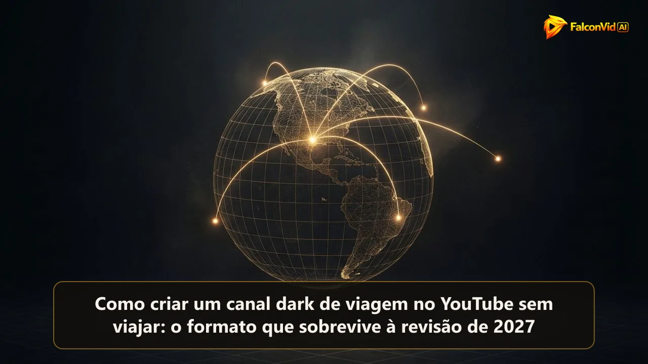Globo de linhas douradas com três arcos de luz saindo do mesmo ponto e pousando em três regiões distantes, um roteiro de viagem chegando a três públicos