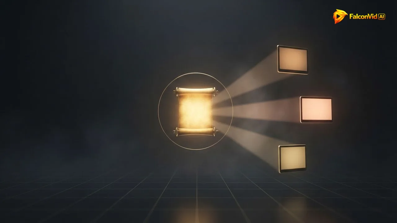 One golden script at the center with three beams of light fanning out to three identical screens, the same travel research narrated three times