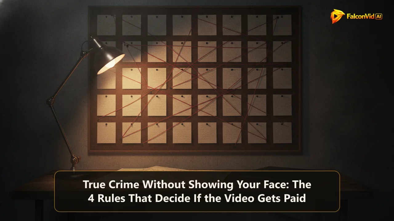 An investigation board with pinned blank cards and red string in a dark room, representing a true crime faceless YouTube channel