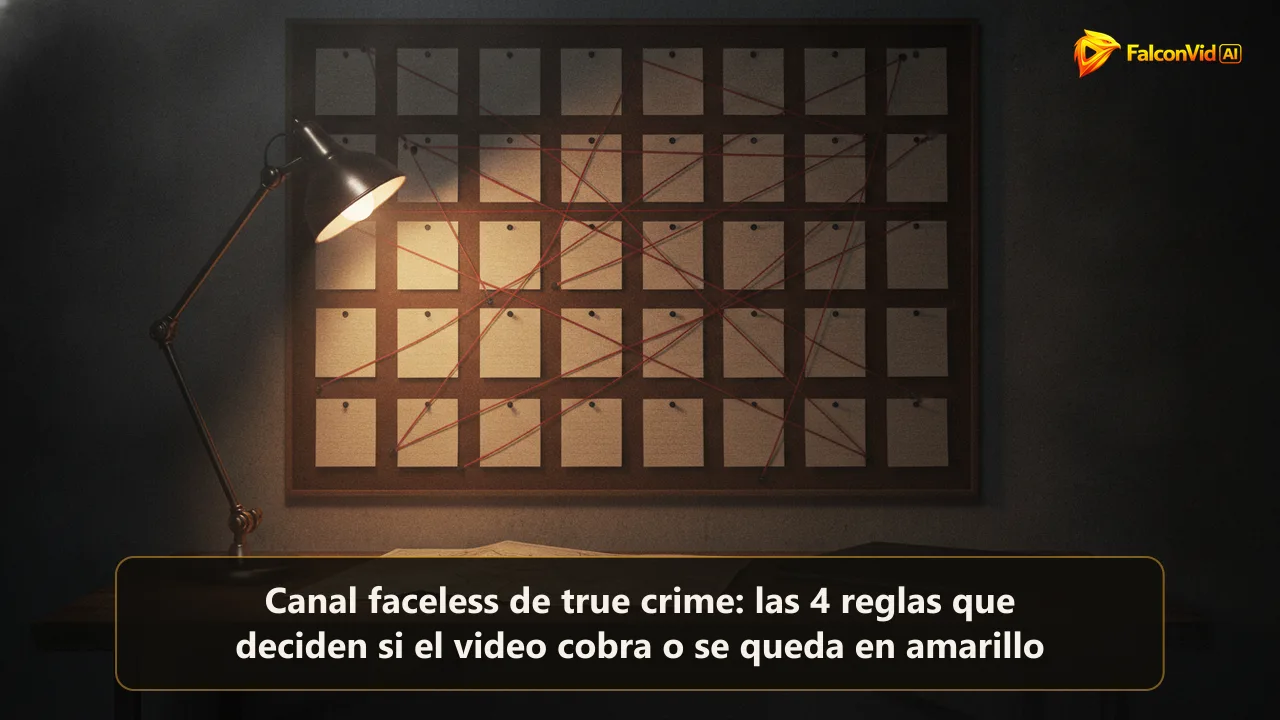 Un tablero de investigación con fichas en blanco sujetas con hilo rojo en una sala oscura, que representa un canal faceless de true crime