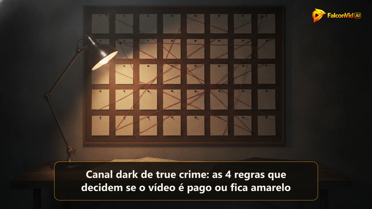 Um quadro de investigação com fichas em branco presas por barbante vermelho numa sala escura, representando um canal dark de true crime