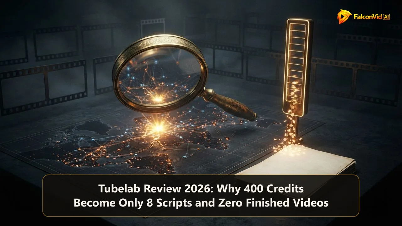 A golden lens over a dark map of channel nodes with one flaring brighter, beside a draining golden meter of credits turning into a short stack of blank scripts