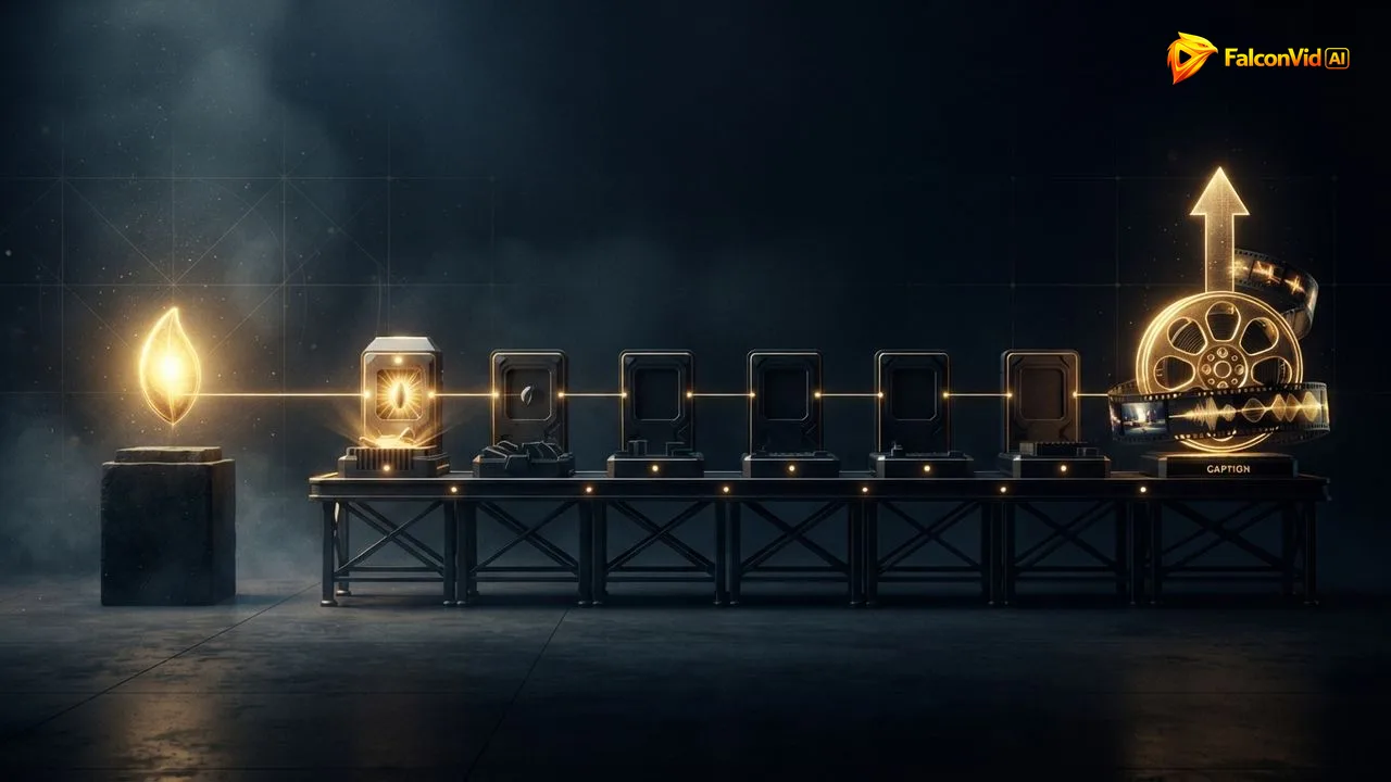 Uma semente dourada de ideia no começo de uma linha de oito estações, só a primeira acesa, terminando num rolo de filme dourado completo com cenas, som e legenda