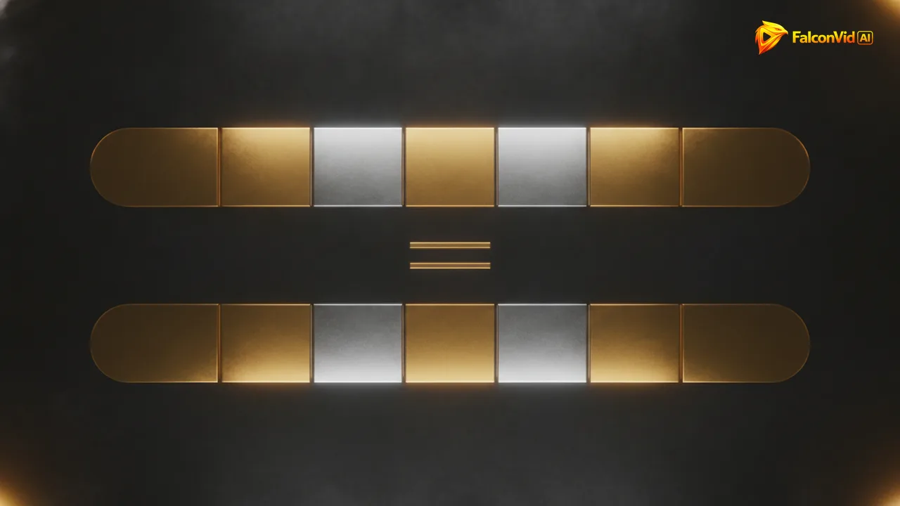 A bar split into alternating gold and silver segments next to an identical plain gold bar of the same length, showing equal cost.