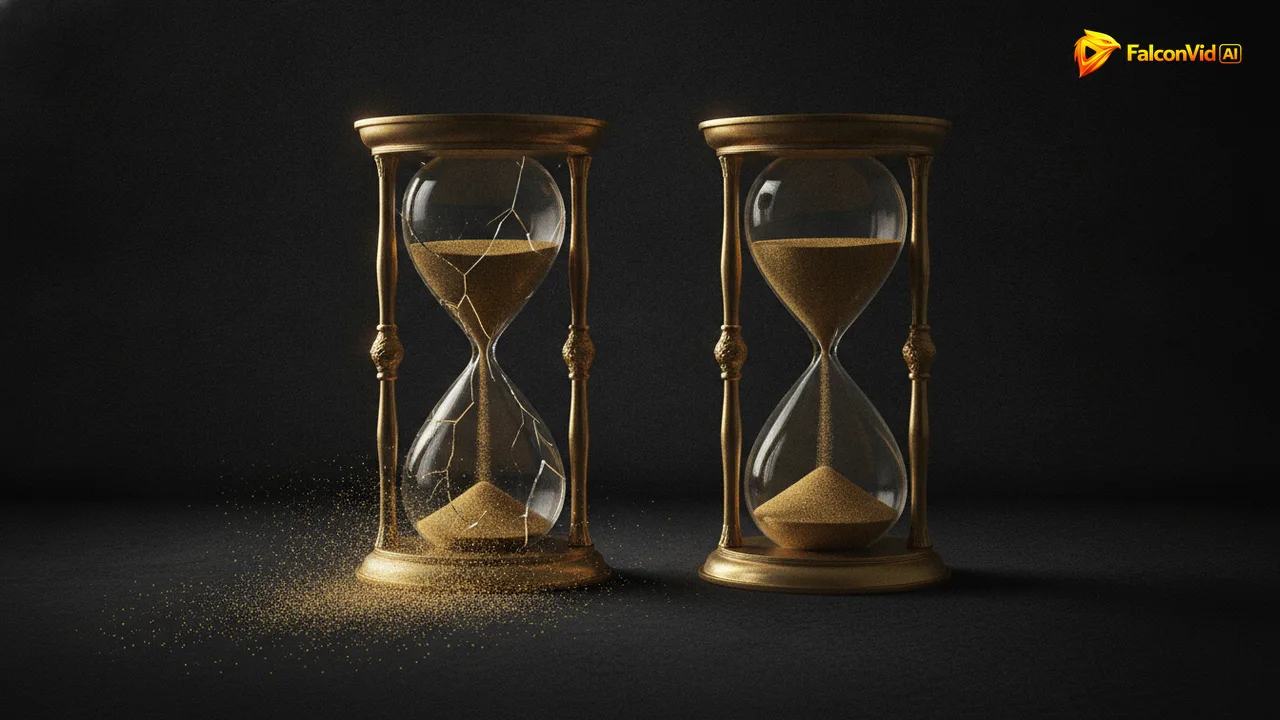 Two golden hourglasses side by side, one with its sand falling outside the lower bulb and scattering into the dark, the other intact and full.