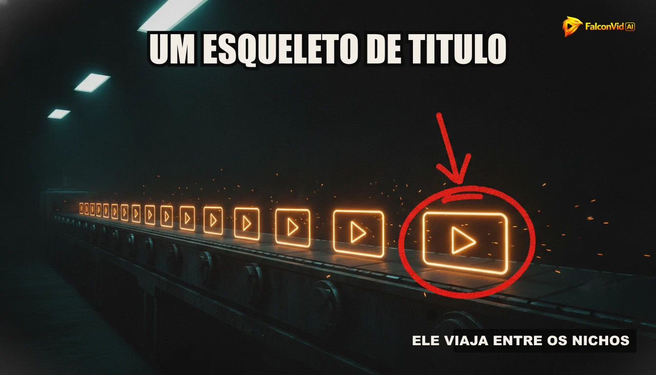 Uma ilustração de uma linha de montagem automatizada produzindo vídeos, com balões de fala mostrando roteiros, narrações, visuais e miniaturas em diferentes estações.