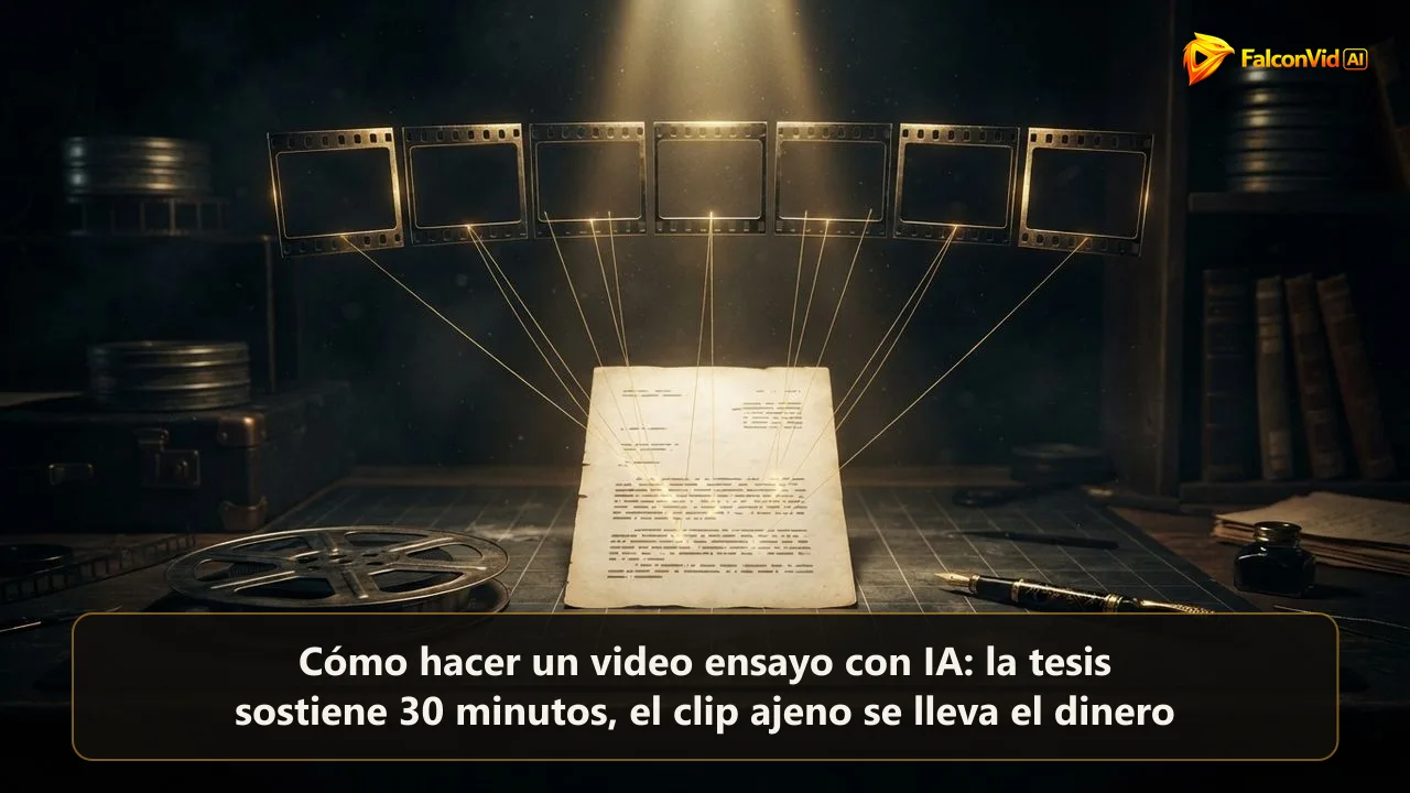 Una sola hoja de manuscrito iluminada sobre una mesa de edición oscura, con hilos dorados que unen sus párrafos a cuadros de película vacíos encima