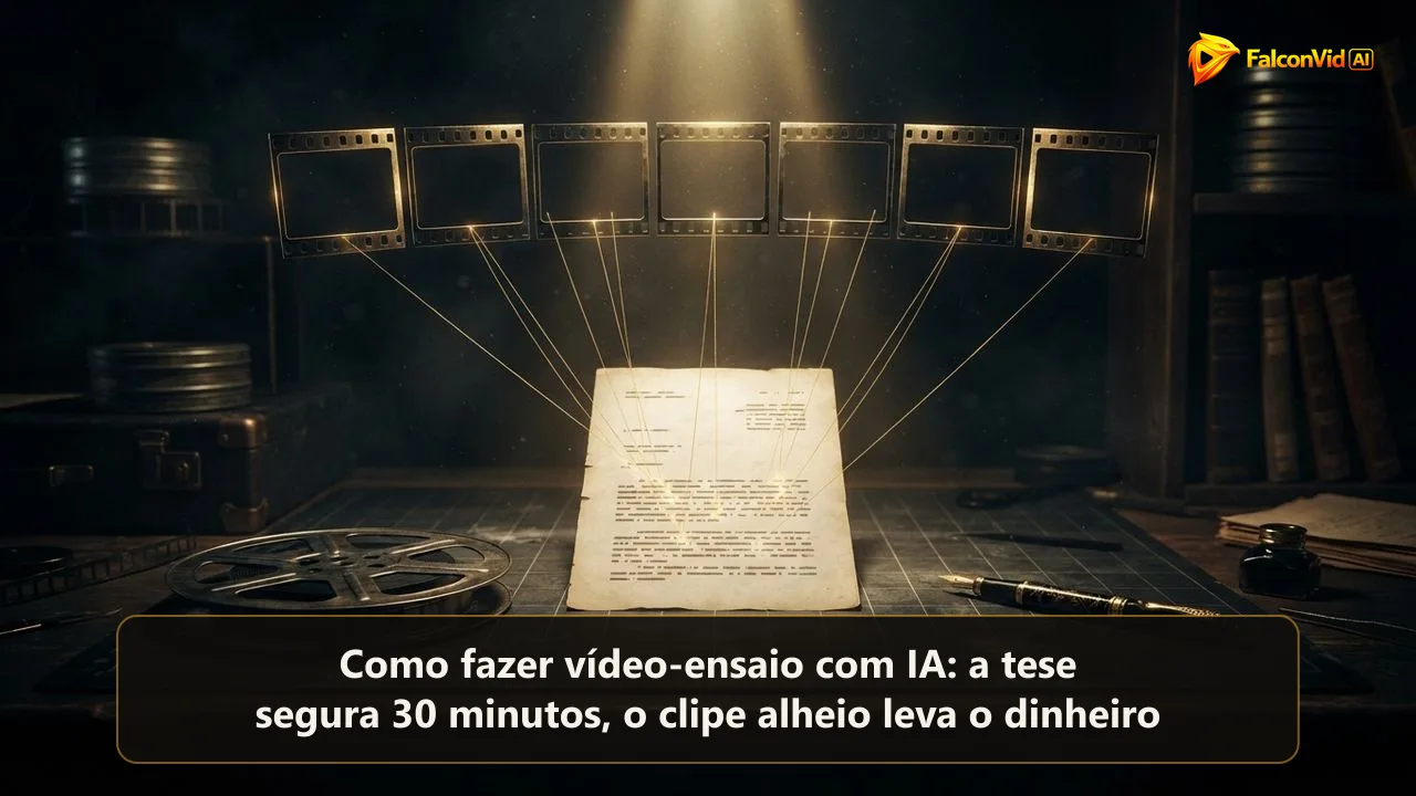Uma única folha de manuscrito iluminada numa mesa de montagem escura, com fios dourados ligando os parágrafos a quadros de filme vazios acima dela