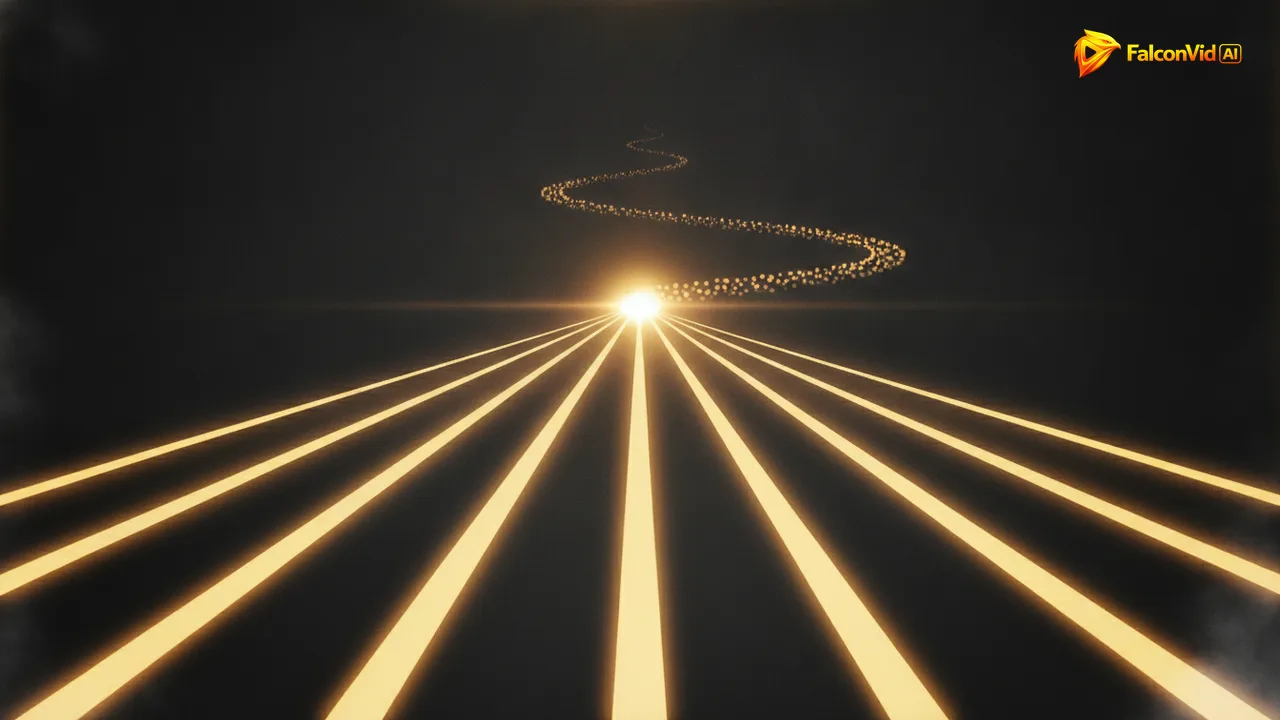 Five parallel rails of golden light running side by side and converging into one bright point, with a slow single file queue of dim dots far behind.