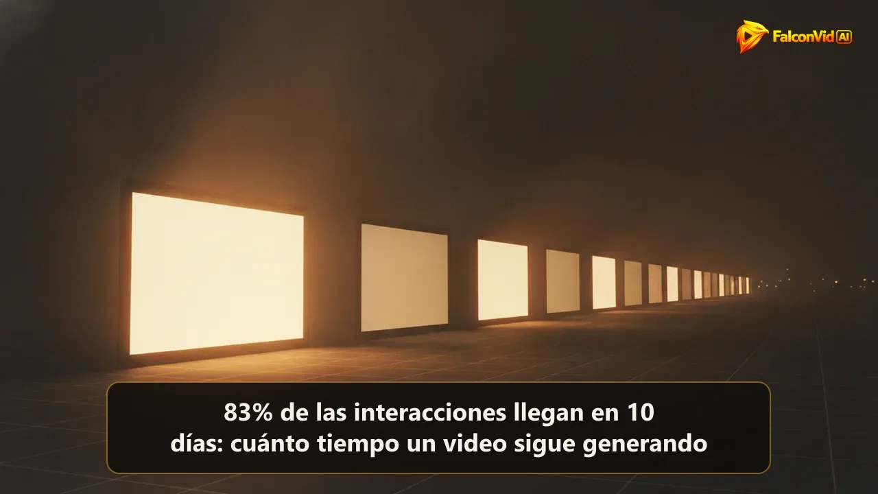Ilustración editorial oscura de una larga fila de pequeños cuadros de video que se pierde en la niebla, el primero encendido y los demás con brillo tenue