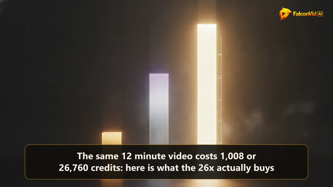 Three glowing credit tiers on a dark background, one short and one towering, representing the gap between economy and premium AI video