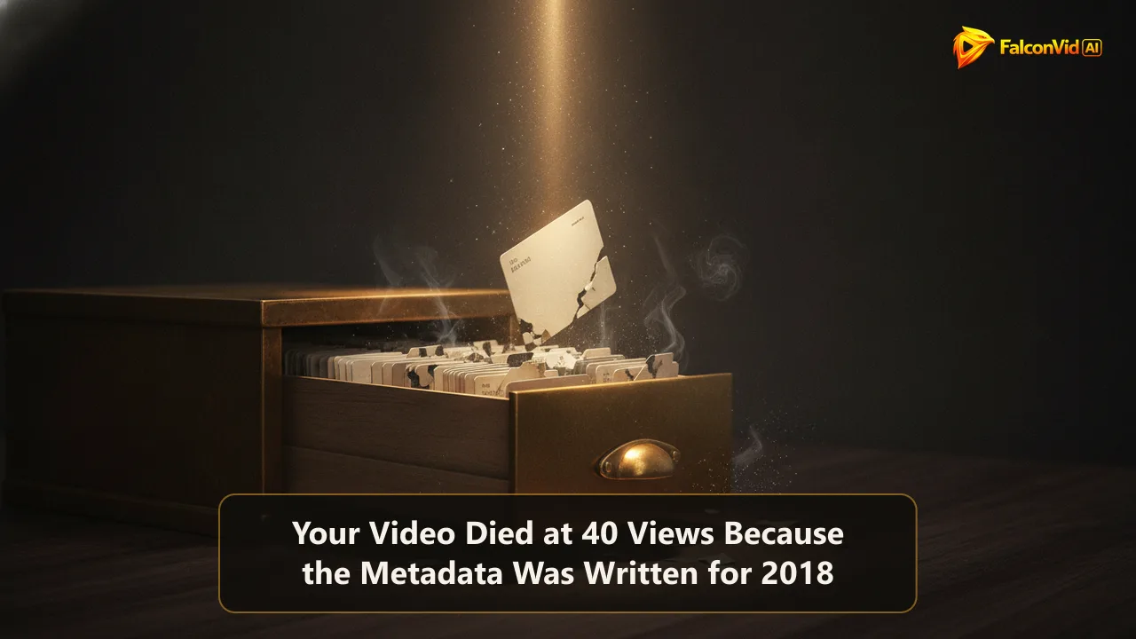 An open brass card catalog drawer on a dark desk with one glowing index card lifted into golden light while the cards behind it crumble into ash