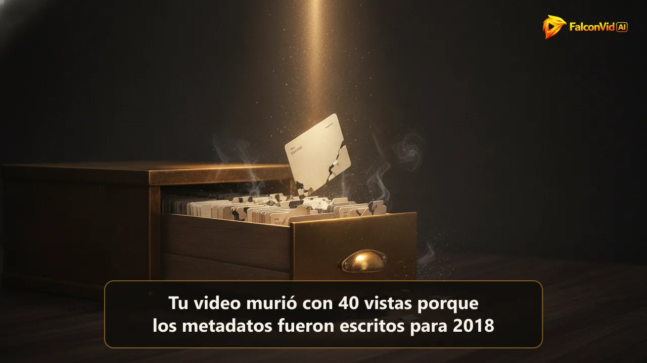 Cajón de fichero de latón abierto sobre un escritorio oscuro, una ficha elevada en la luz dorada mientras las fichas de atrás se convierten en ceniza