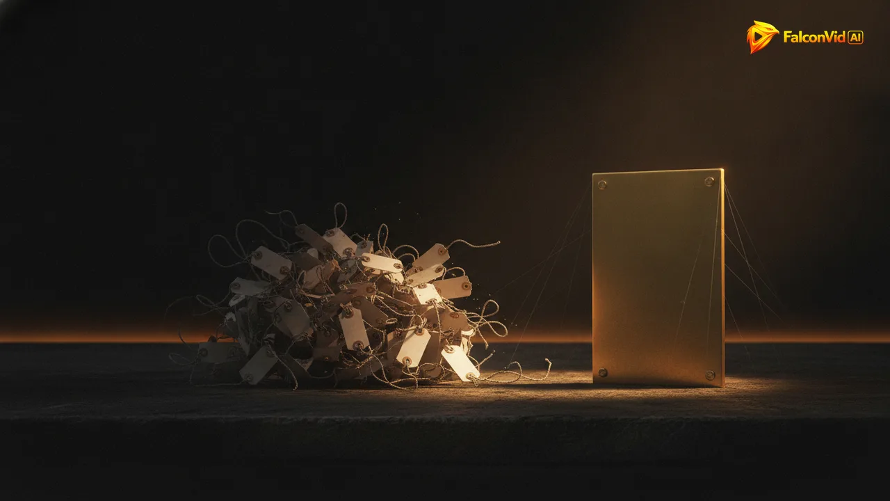 A tangled bundle of small blank paper tags collapsing into shadow while a single polished brass plate stands upright in golden light