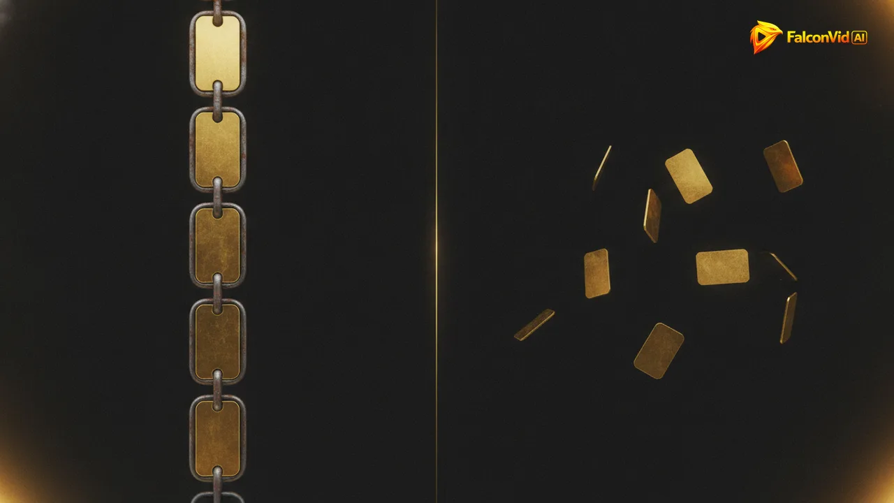 On the left a rigid chain of golden panels locked together, on the right the same panels floating freely with no links.