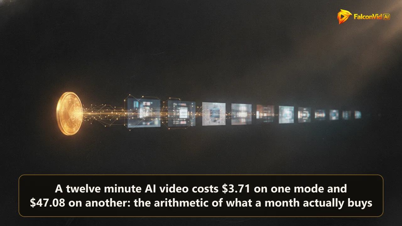 Dark editorial illustration of a single amber coin linked by light threads to a long row of small video frames