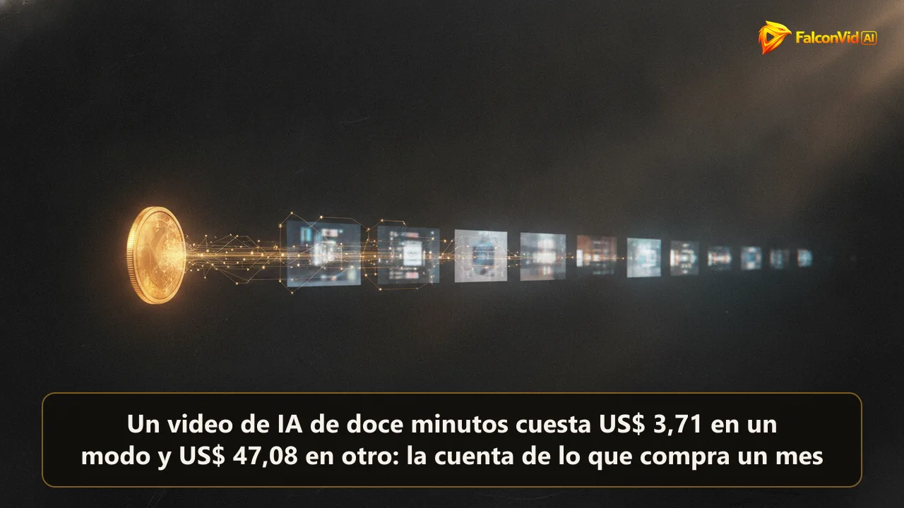 Ilustración editorial oscura con una moneda ámbar unida por hilos de luz a una larga fila de pequeños cuadros de video