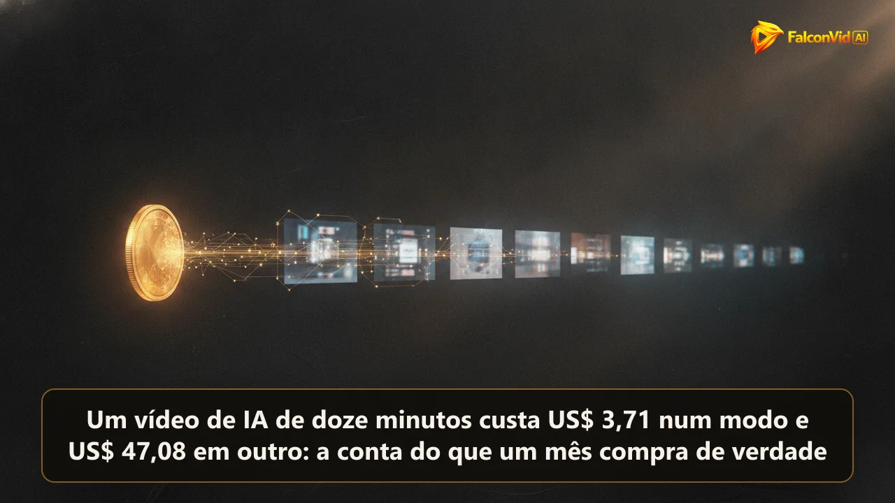 Ilustração editorial escura com uma moeda âmbar ligada por fios de luz a uma longa fileira de pequenos quadros de vídeo