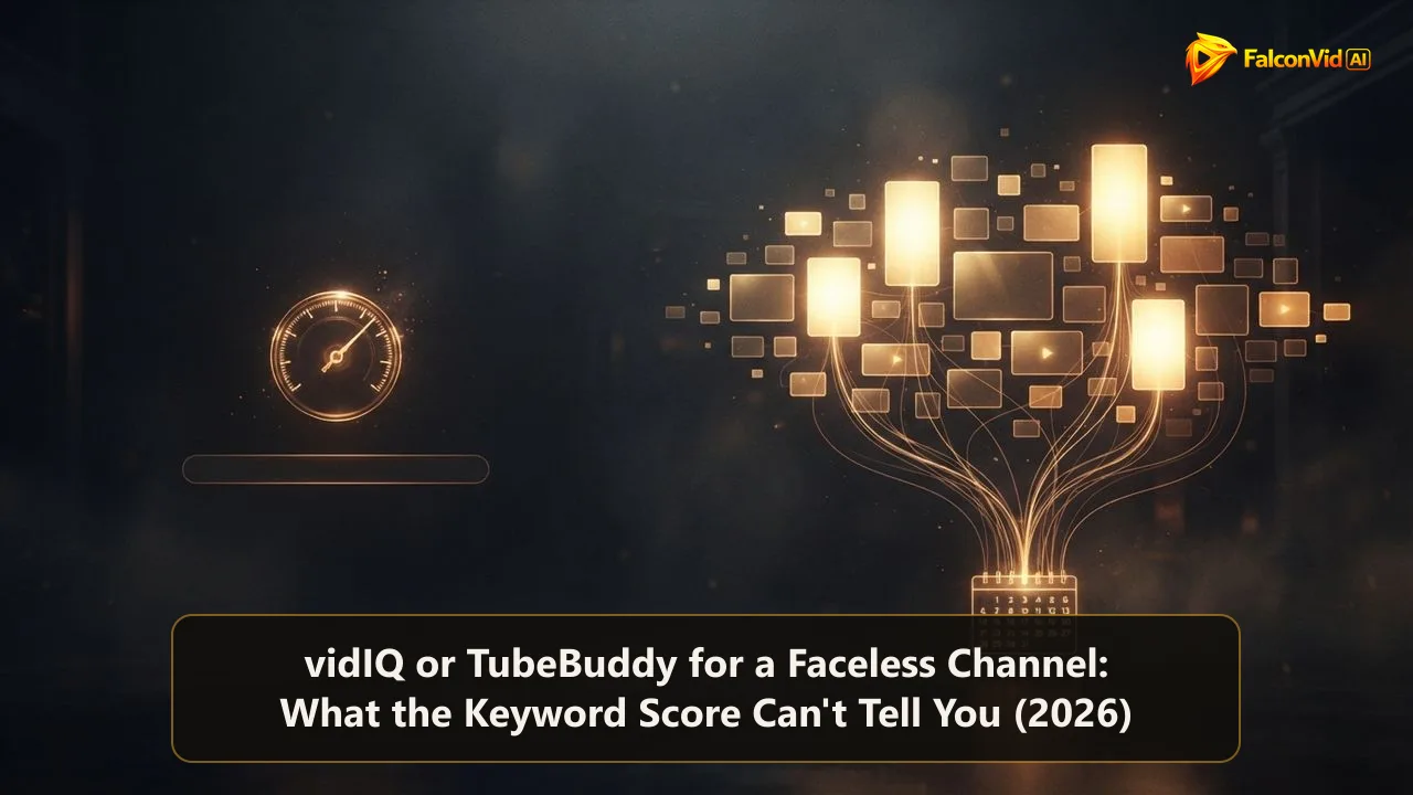 A small golden gauge dial floating alone above a narrow search bar on one side and a wide constellation of glowing video tiles on the other, a few burning far brighter and flowing into a calendar, the gap between a keyword score and a niche that monetizes