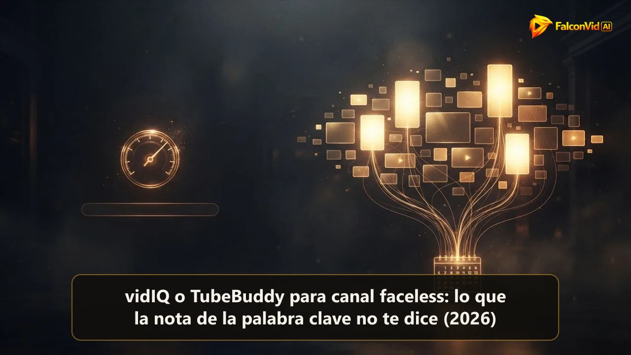 Un pequeño medidor dorado flotando solo sobre una barra de búsqueda estrecha de un lado y una amplia constelación de bloques de video brillantes del otro, algunos mucho más intensos y unidos a un calendario, la distancia entre la nota de una palabra clave y un nicho que monetiza