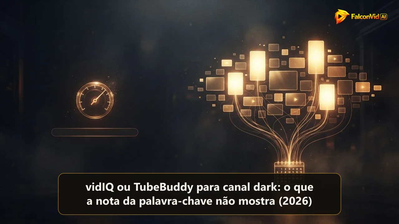 Um pequeno medidor dourado flutuando sozinho sobre uma barra de busca estreita de um lado e uma constelação larga de blocos de vídeo brilhantes do outro, alguns bem mais fortes e ligados a um calendário, a distância entre a nota de uma palavra-chave e um nicho que monetiza