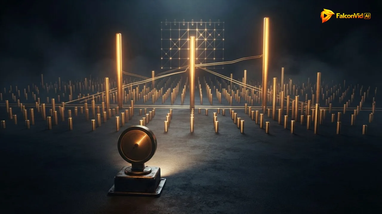 A dim golden gauge dial lighting a thin beam in front of a field of glowing columns, most of them even along a median line and three rising far above it toward a calendar, a keyword score next to a map of outliers