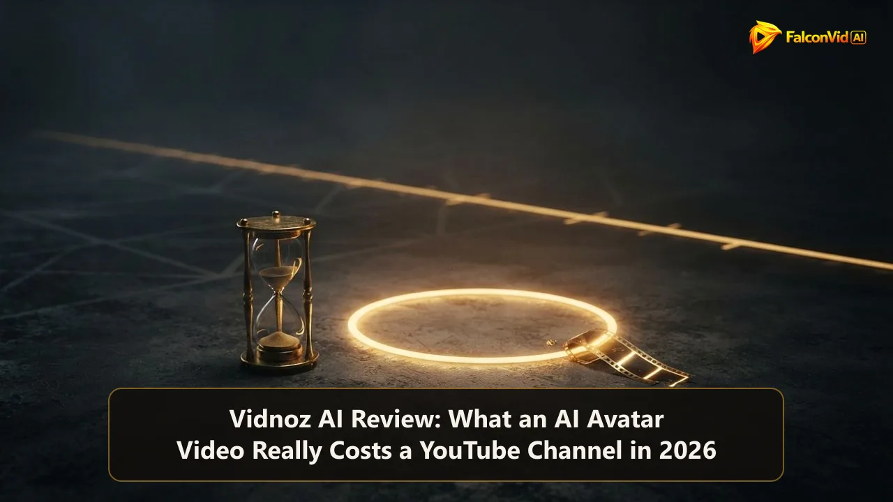 A small golden hourglass with only a trickle of sand left beside an empty presenter spotlight and a short film strip, with a long golden timeline behind it, an AI avatar studio running out of minutes