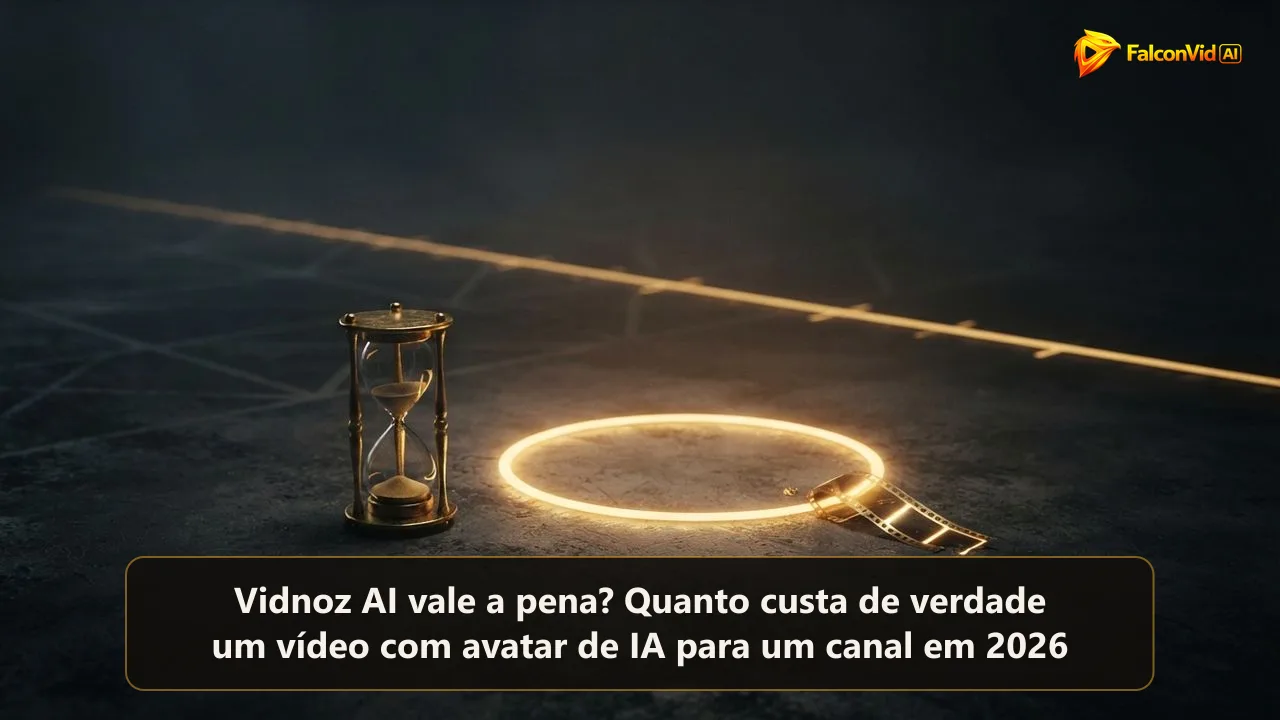Uma pequena ampulheta dourada com um fio de areia ao lado de um foco de apresentador vazio e uma tira de filme curta, com uma linha do tempo dourada comprida ao fundo, um estúdio de avatar de IA ficando sem minutos
