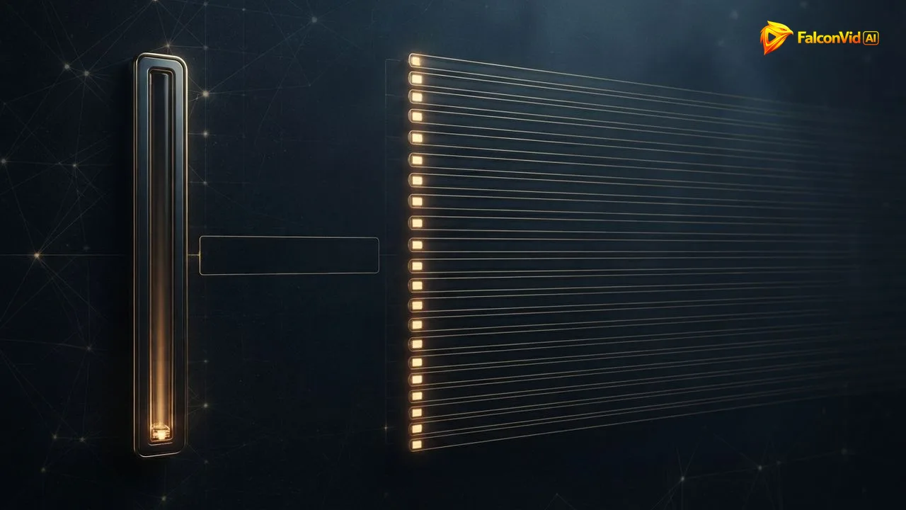 A narrow golden meter almost drained after filling one long frame, beside many parallel lanes of long frames where only a short segment at the start of each frame glows, avatar minutes spent on the whole video versus only where they matter