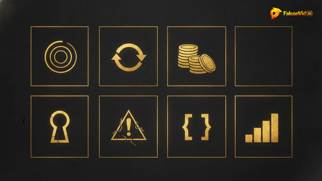 Seven abstract golden glyphs in a grid, each in a luminous frame, standing for the seven title patterns.
