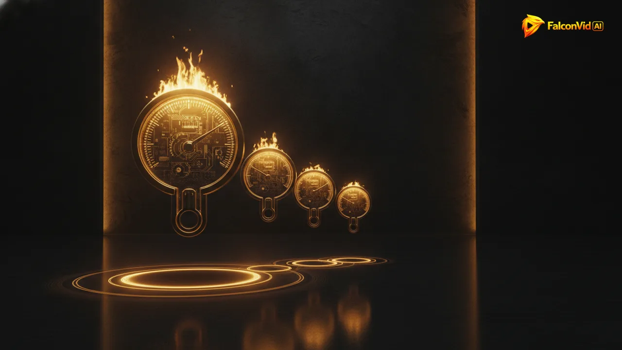 Four glowing golden gauges of different heights floating above a dark surface, one burning much brighter with concentric rings spreading from it.