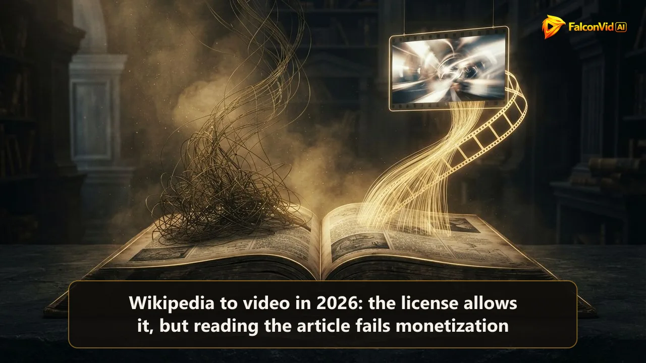 An open golden encyclopedia whose threads rise and weave into a film strip, turning an article into a video