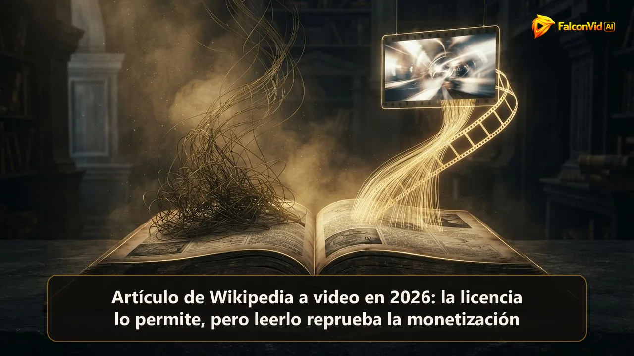 Una enciclopedia dorada abierta cuyos hilos suben y se entrelazan en una película de cine, el artículo convertido en video
