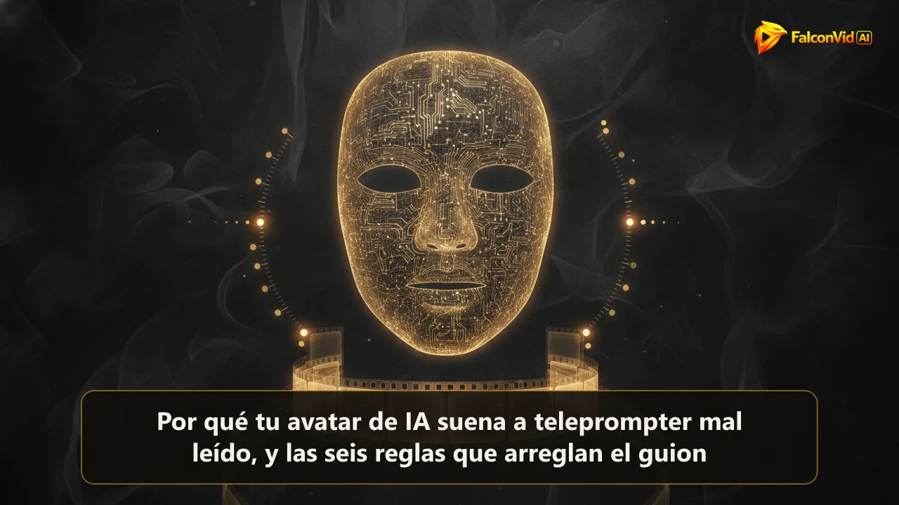 Una máscara facial dorada translúcida flotando sobre una tira de película con marcadores de segundo que brillan y se apagan.