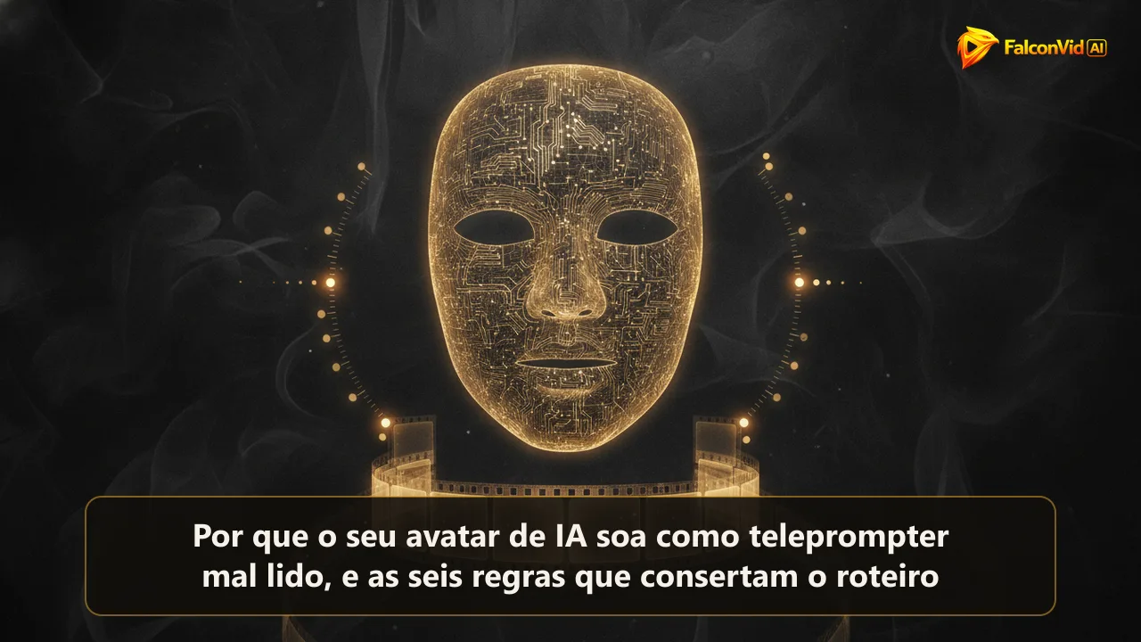 Uma máscara facial dourada translúcida flutuando sobre uma fita de filme com marcadores de segundo brilhando e apagando.