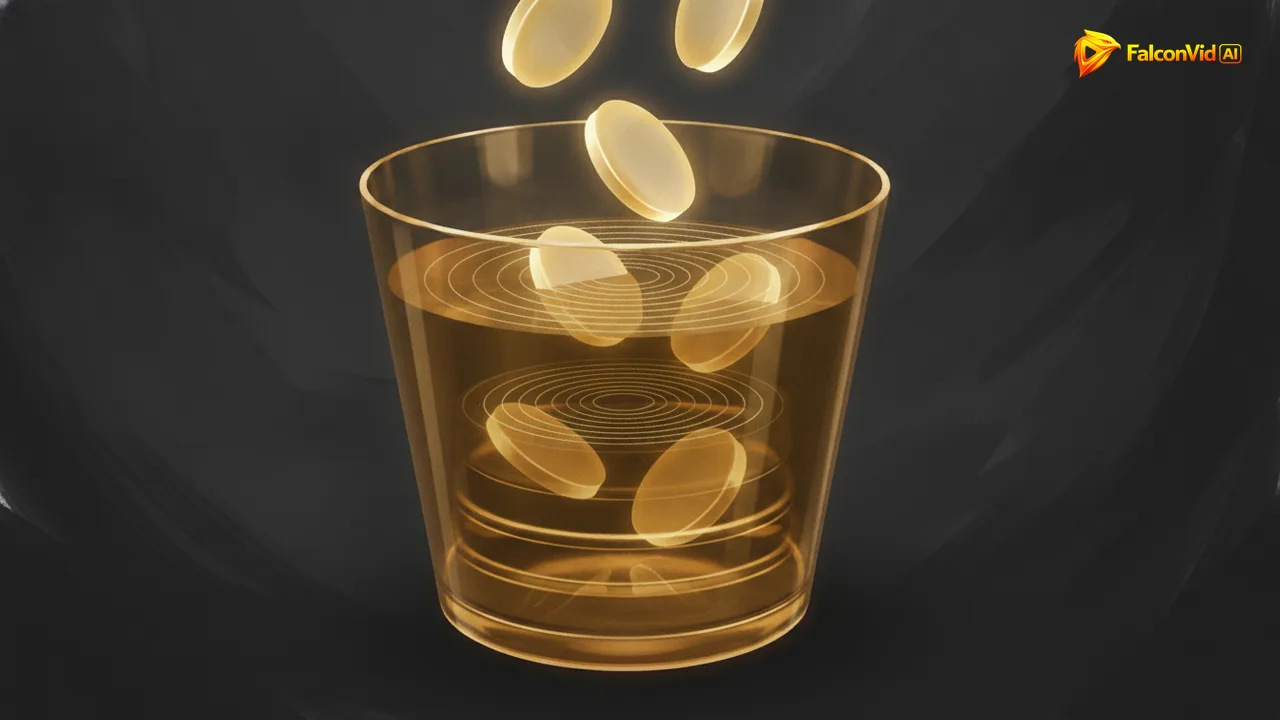 A translucent golden bucket with stepped level rings inside, six large glowing discs falling in and filling it almost to the top.