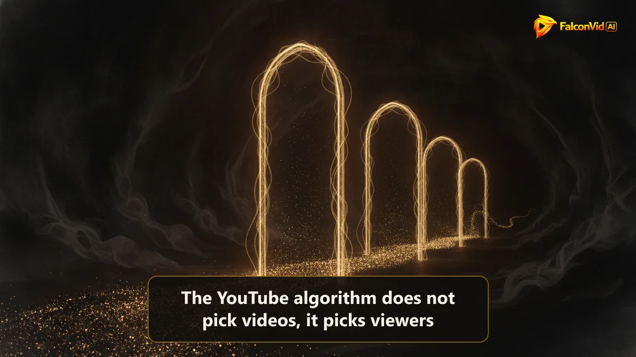 Three gates of light in a dark hall with a stream of particles getting thinner at each gate, representing how the YouTube algorithm filters a video