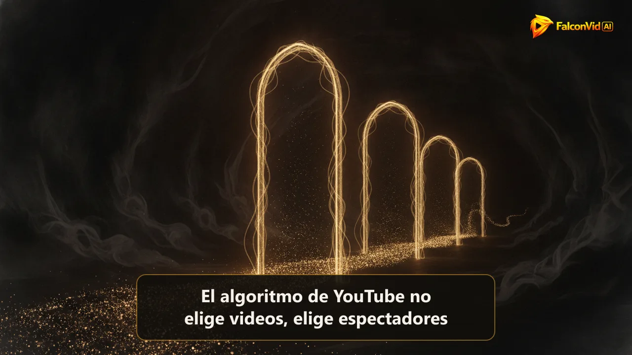 Tres puertas de luz en una sala oscura con un río de partículas que se adelgaza en cada puerta, representando cómo el algoritmo de YouTube filtra un video