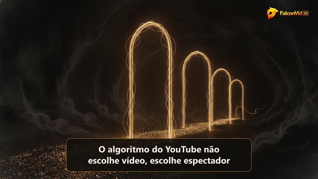 Três portões de luz num salão escuro com um rio de partículas que afina a cada portão, representando como o algoritmo do YouTube filtra um vídeo