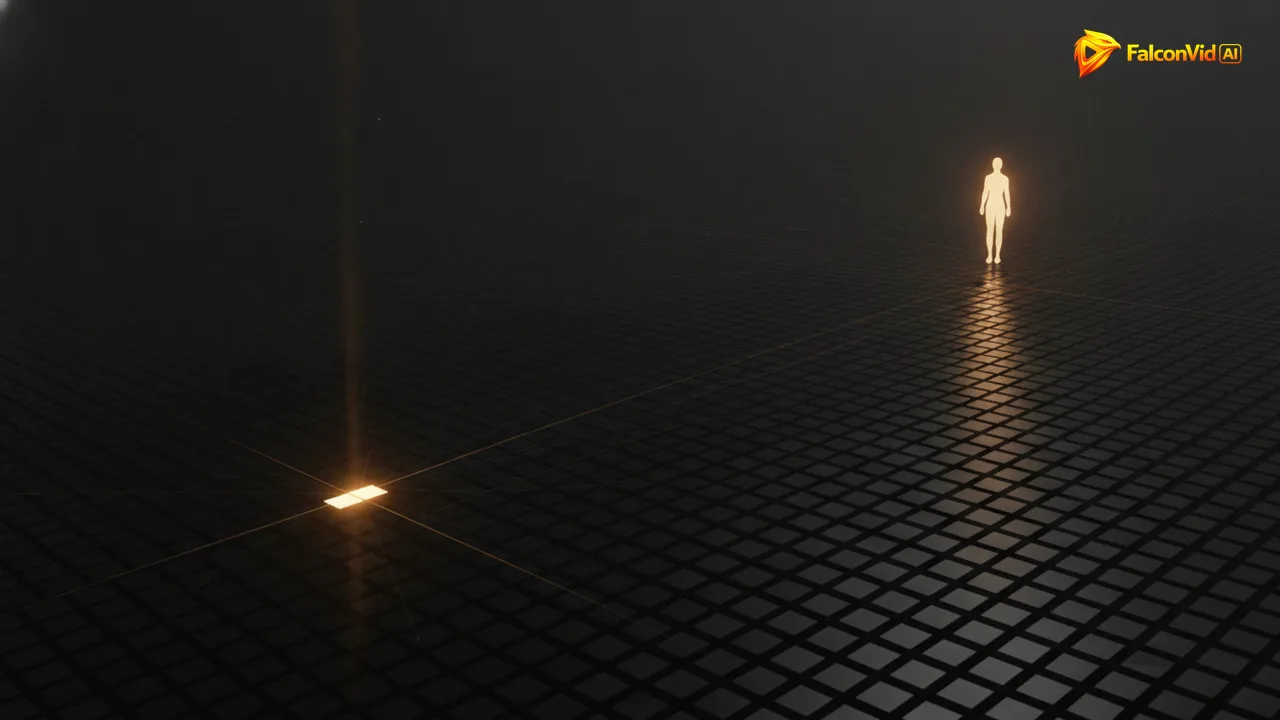 A grid of dim rectangles with one lit by a beam of light connecting it to a viewer, representing an impression as an offer made to one person